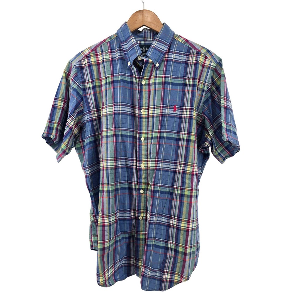 Ralph Lauren Button Down Mens Large Blue Plaid Classic Fit Short Sleeve Madras